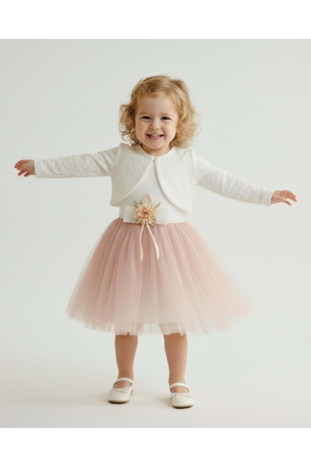 Triko Bolerolu Bel Çiçekli Kız Bebek Elbise M00773