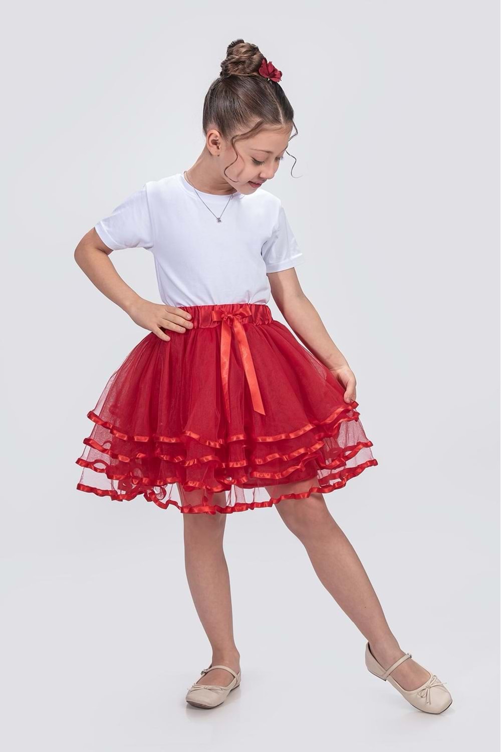 Kız Çocuk Kat Kat Parlak Şeritli Fiyonklu Tütü Etek M00781