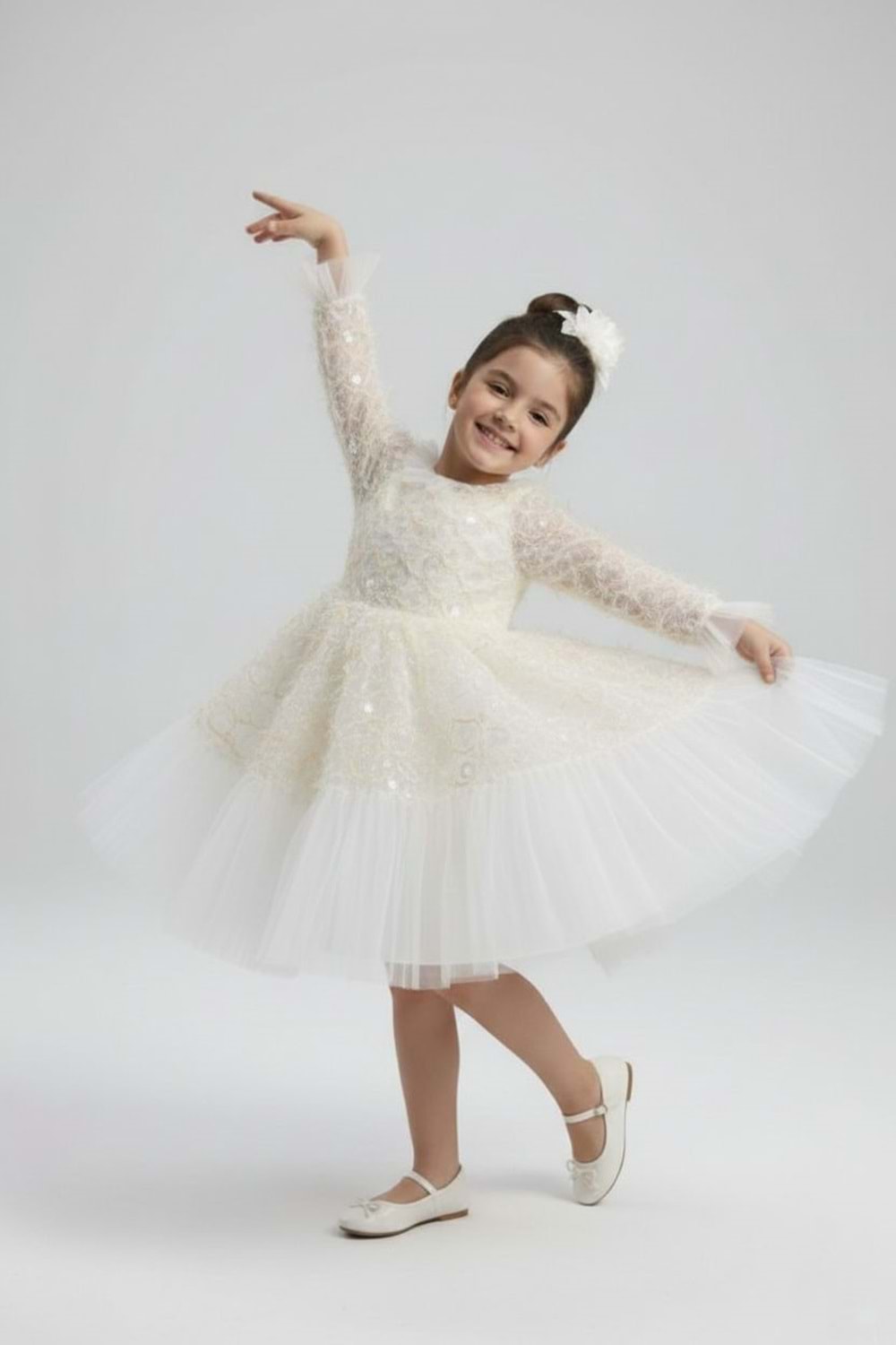 Kız Çocuk İspanyol Kol Tül Detaylı Kabarık Etekli Özel Gün Düğün Elbisesi M00793