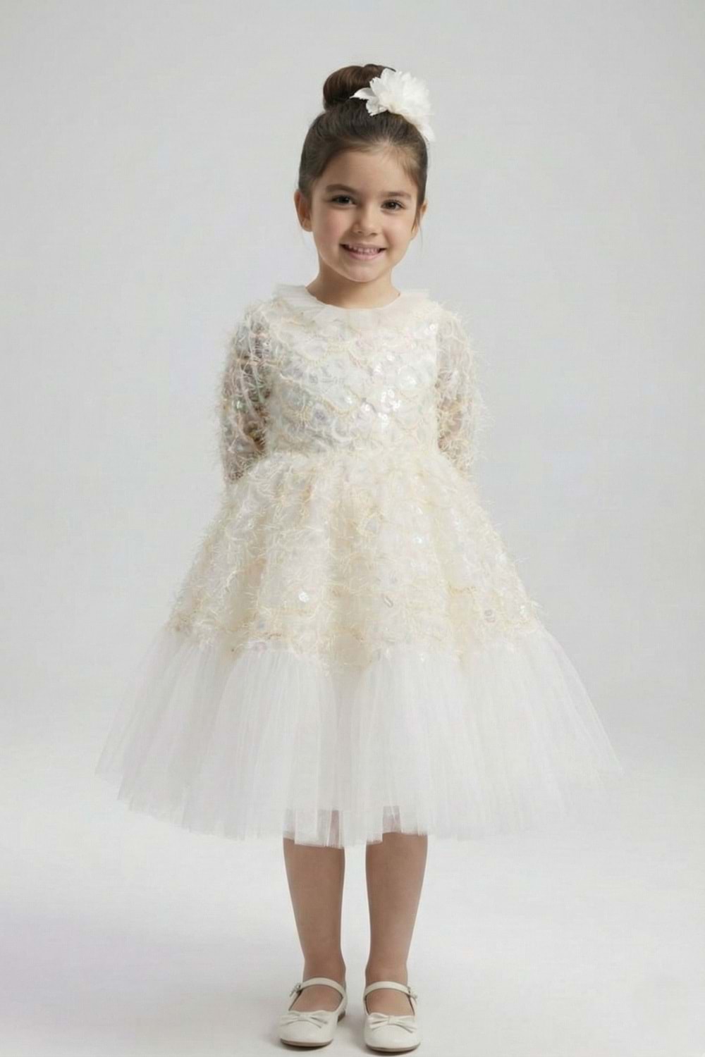 Kız Çocuk İspanyol Kol Tül Detaylı Kabarık Etekli Özel Gün Düğün Elbisesi M00793