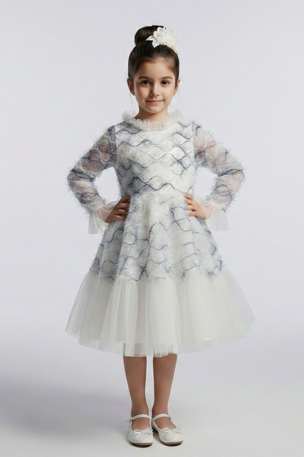 Kız Çocuk İspanyol Kol Tül Detaylı Kabarık Etekli Özel Gün Düğün Elbisesi M00793