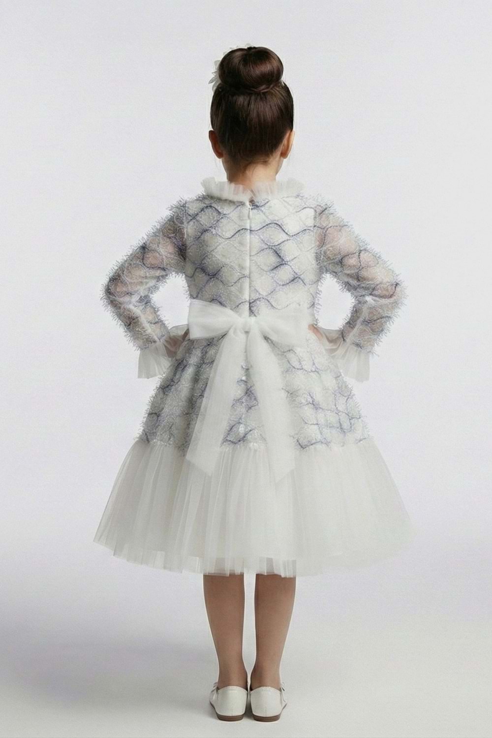 Kız Çocuk İspanyol Kol Tül Detaylı Kabarık Etekli Özel Gün Düğün Elbisesi M00793