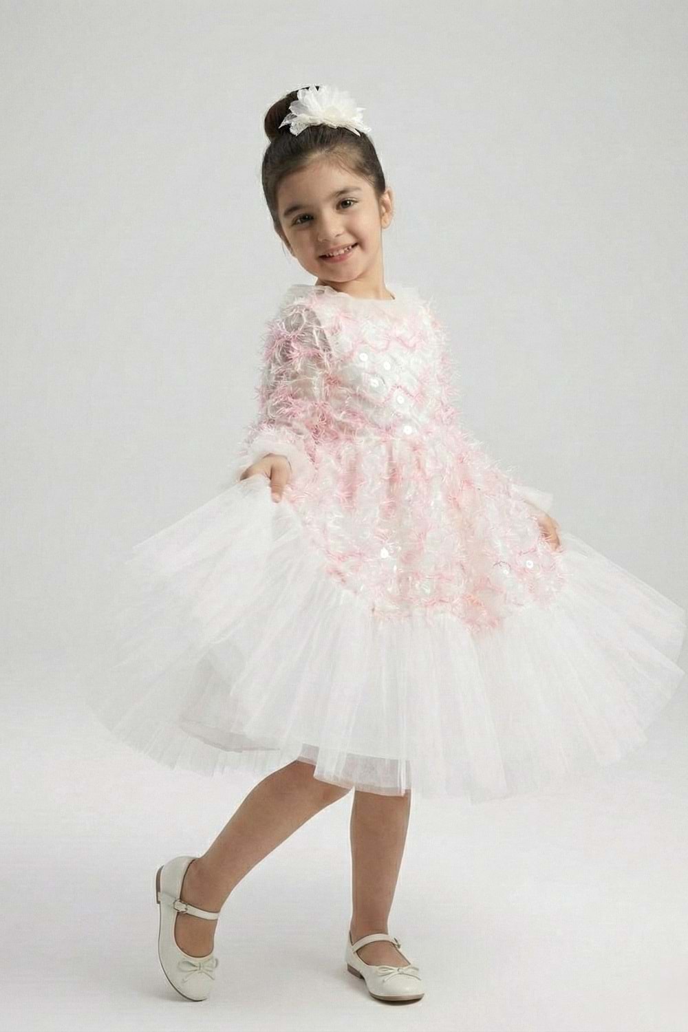 Kız Çocuk İspanyol Kol Tül Detaylı Kabarık Etekli Özel Gün Düğün Elbisesi M00793