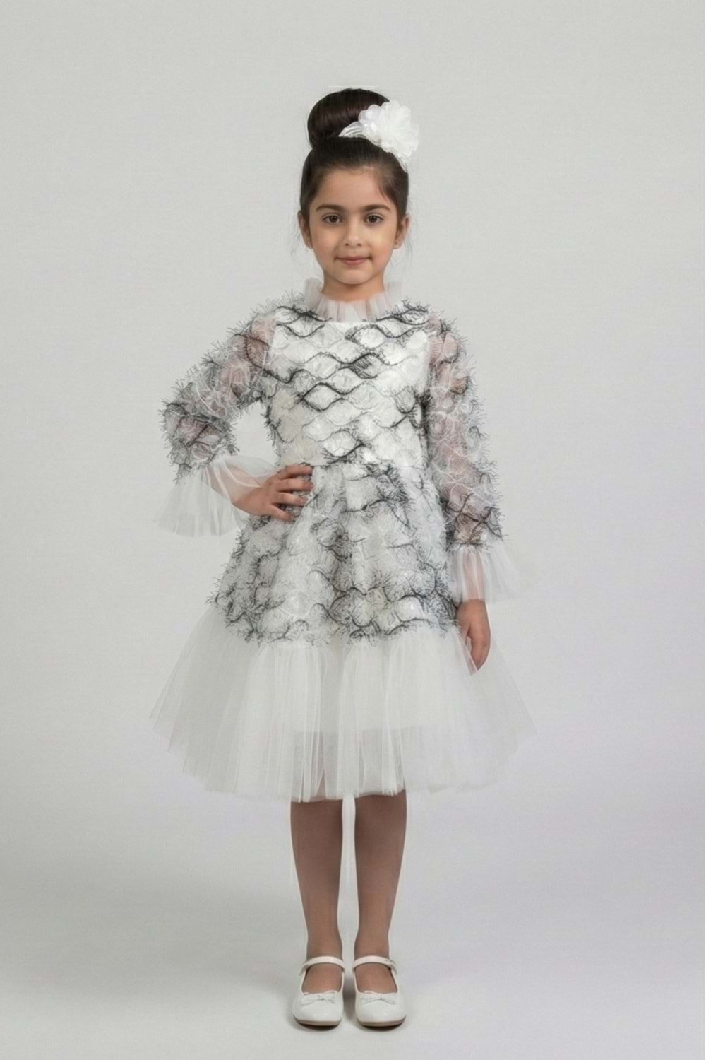 Kız Çocuk İspanyol Kol Tül Detaylı Kabarık Etekli Özel Gün Düğün Elbisesi M00793