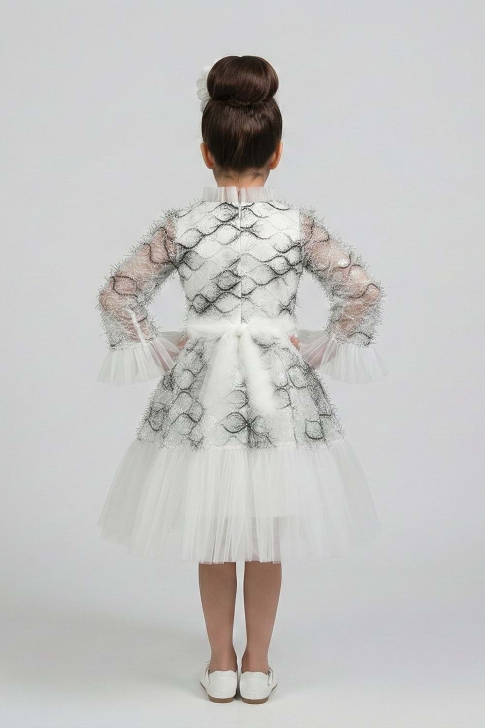 Kız Çocuk İspanyol Kol Tül Detaylı Kabarık Etekli Özel Gün Düğün Elbisesi M00793