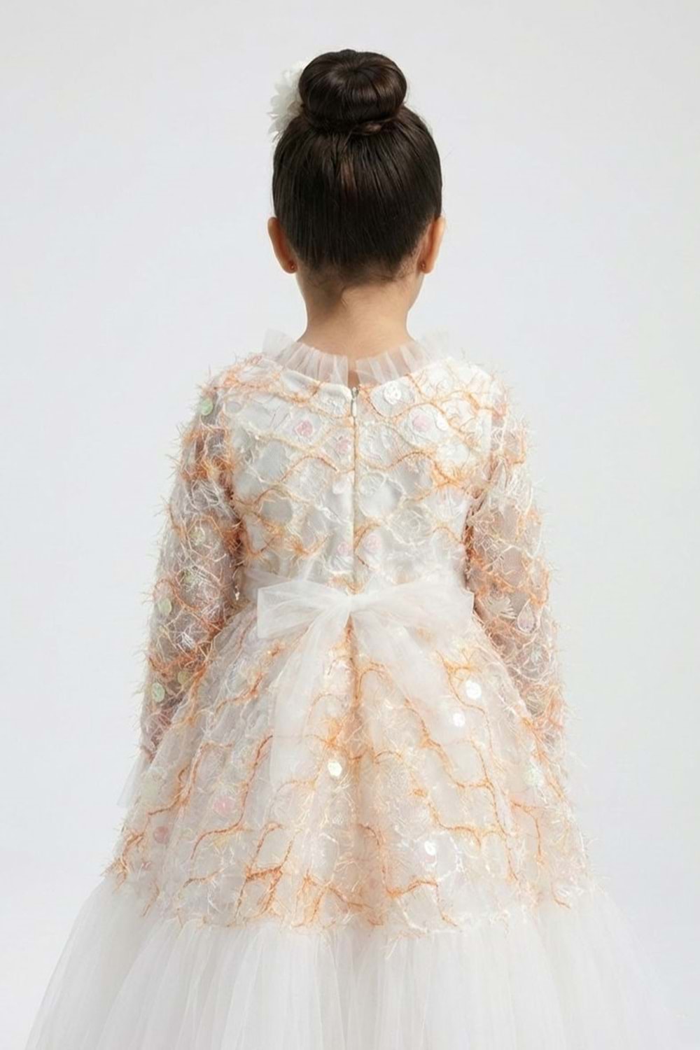 Kız Çocuk İspanyol Kol Tül Detaylı Kabarık Etekli Özel Gün Düğün Elbisesi M00793