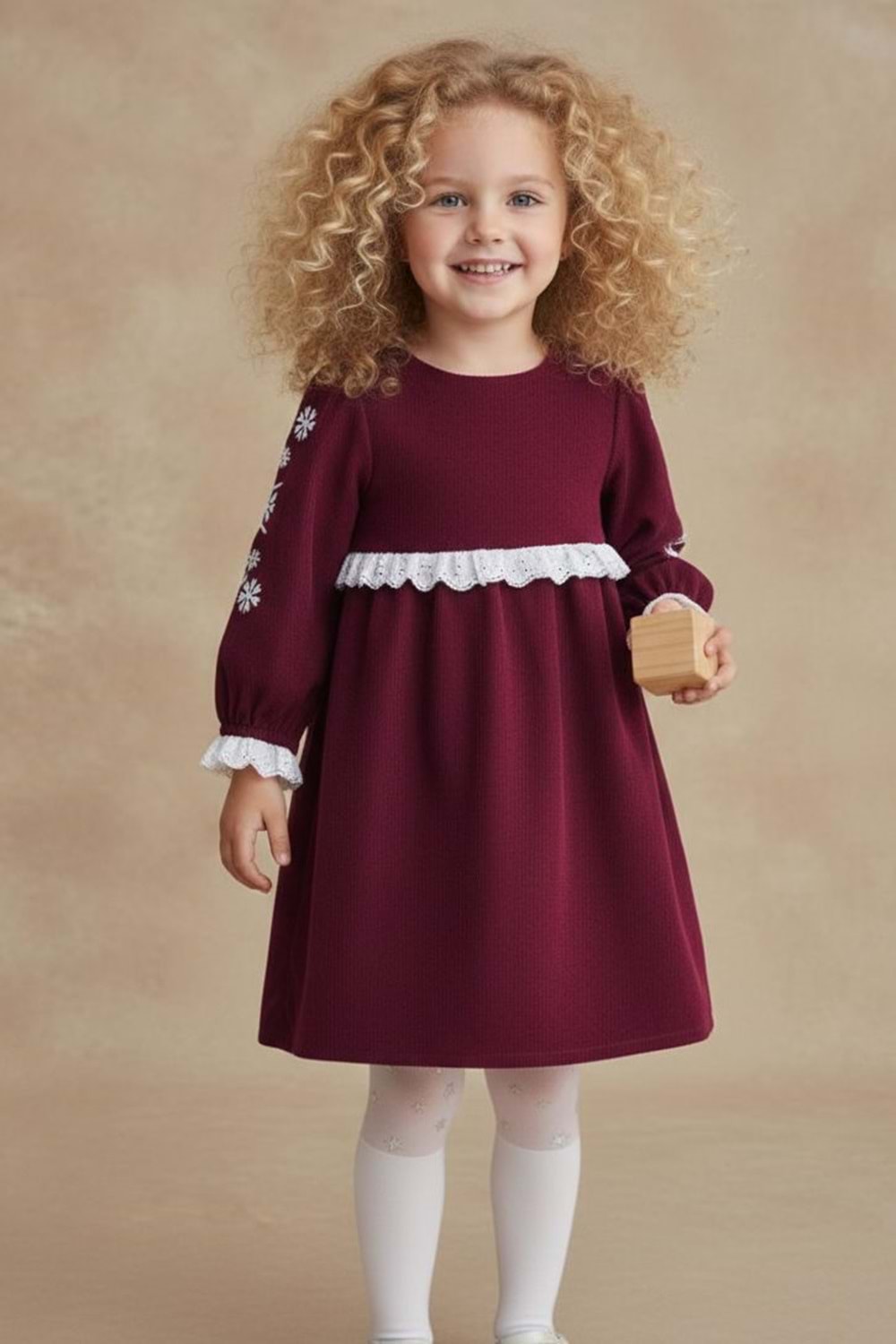 Fisto Detaylı Kollar Nakışlı Otantik Kız Çocuk Elbise M00795