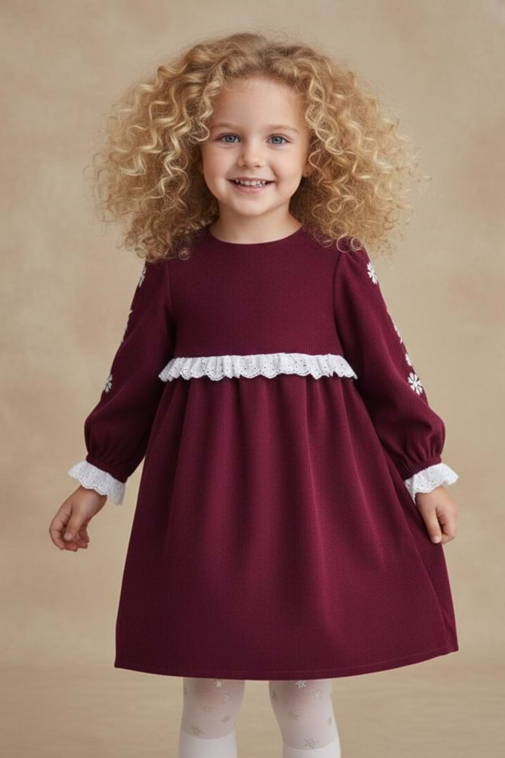 Fisto Detaylı Kollar Nakışlı Otantik Kız Çocuk Elbise M00795