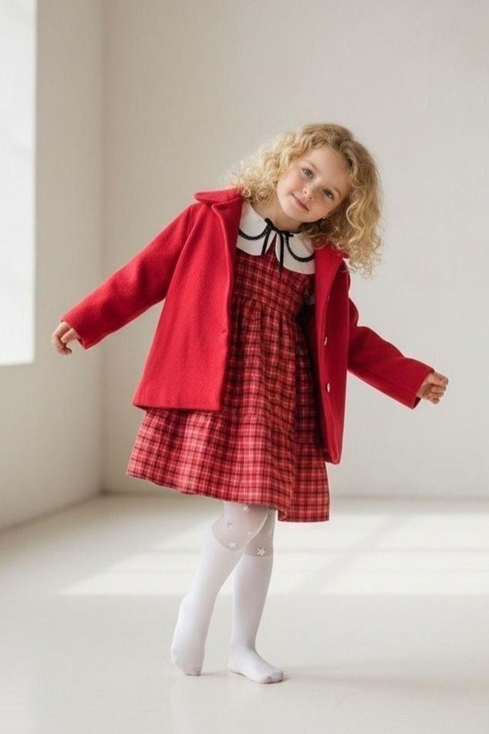 Kaşe Ceketli Kız Çocuk Ekose Kumaş Nakış Yaka Elbise M00796