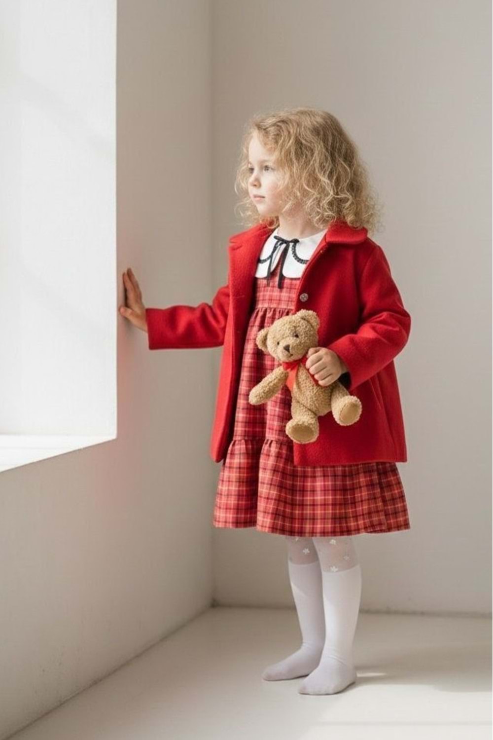 Kaşe Ceketli Kız Çocuk Ekose Kumaş Nakış Yaka Elbise M00796