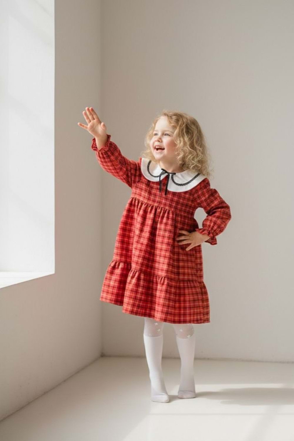 Kaşe Ceketli Kız Çocuk Ekose Kumaş Nakış Yaka Elbise M00796