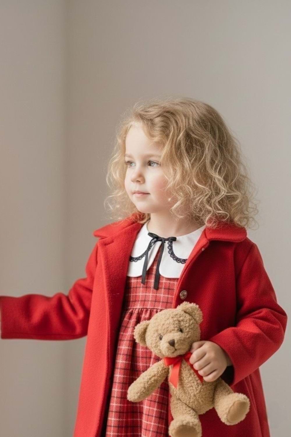 Kaşe Ceketli Kız Çocuk Ekose Kumaş Nakış Yaka Elbise M00796