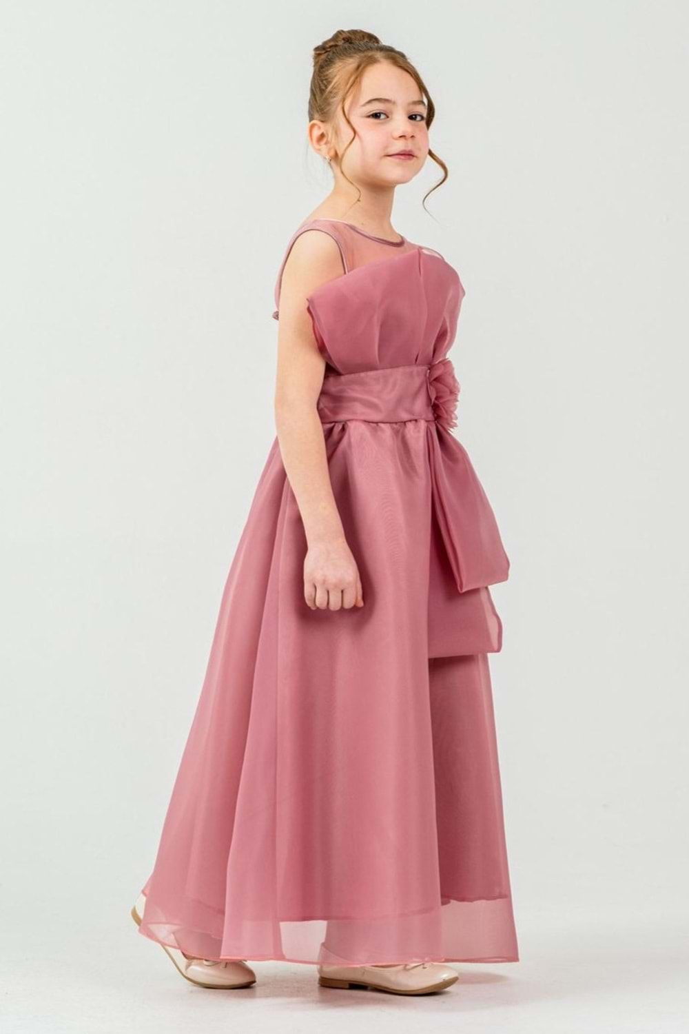 Kız Çocuk Organze Tül Çiçek ve Fiyonk Detaylı Gipe Sırtlı Prenses Abiye Elbise M00800