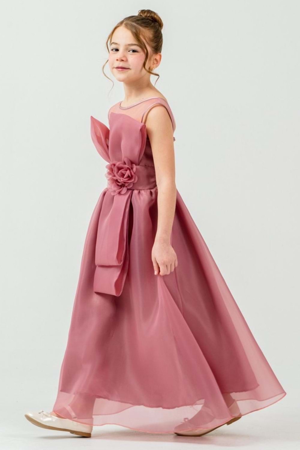 Kız Çocuk Organze Tül Çiçek ve Fiyonk Detaylı Gipe Sırtlı Prenses Abiye Elbise M00800