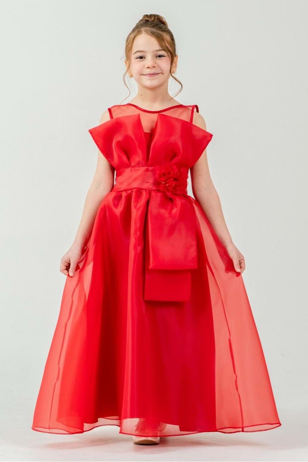 Kız Çocuk Organze Tül Çiçek ve Fiyonk Detaylı Gipe Sırtlı Prenses Abiye Elbise M00800