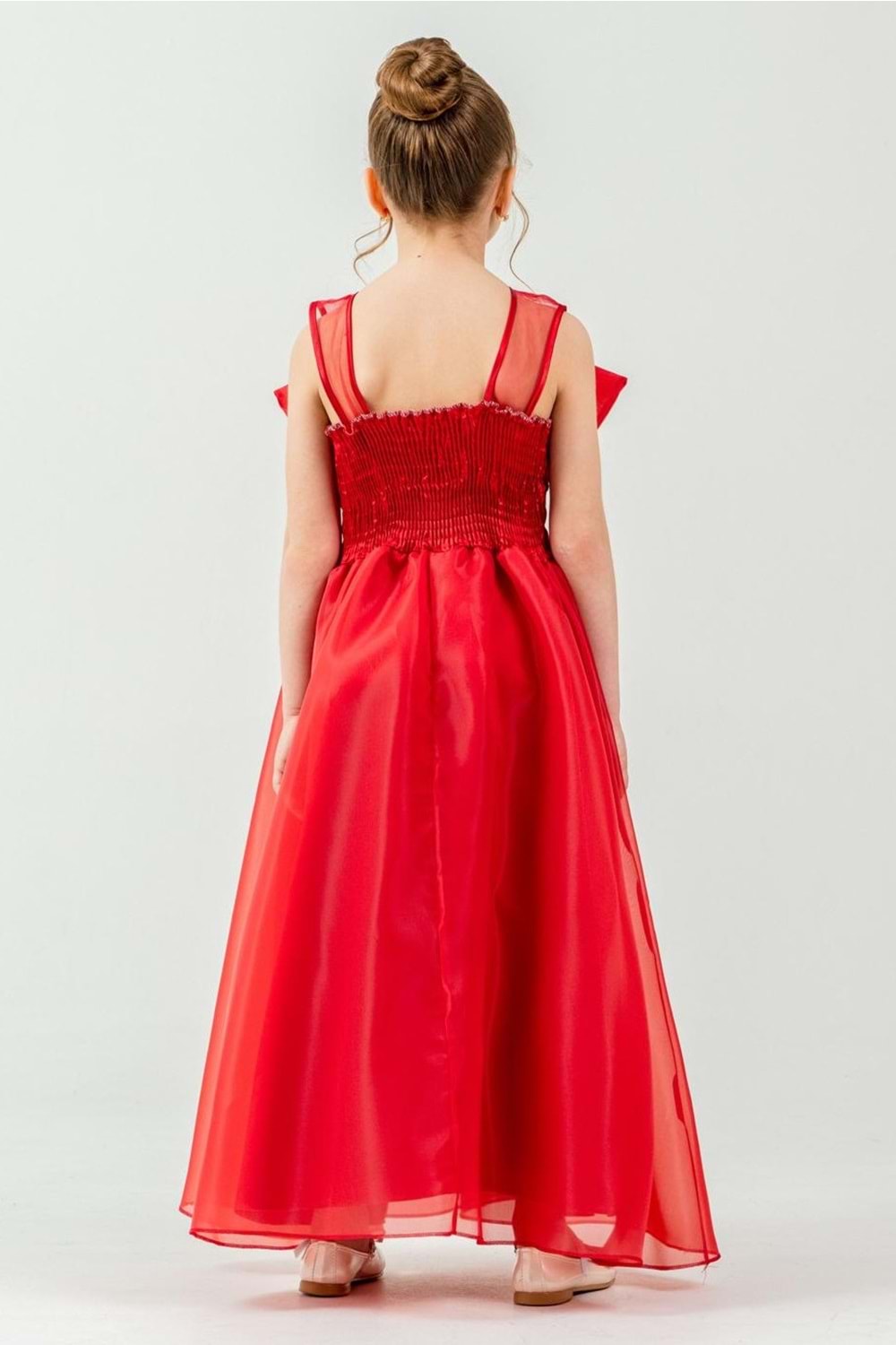 Kız Çocuk Organze Tül Çiçek ve Fiyonk Detaylı Gipe Sırtlı Prenses Abiye Elbise M00800