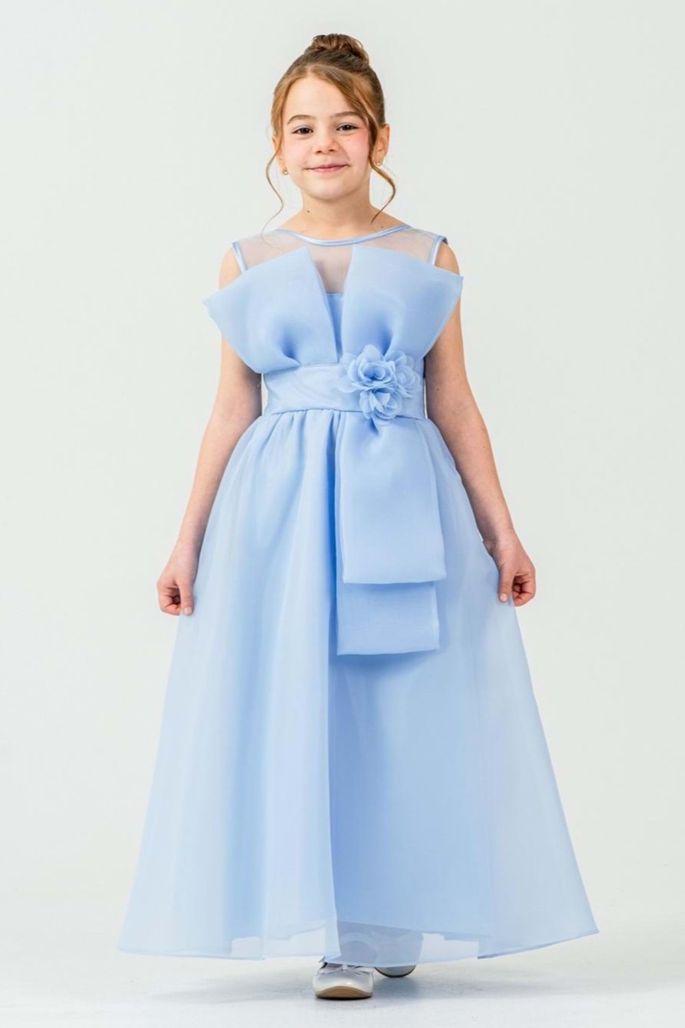 Kız Çocuk Organze Tül Çiçek ve Fiyonk Detaylı Gipe Sırtlı Prenses Abiye Elbise M00800