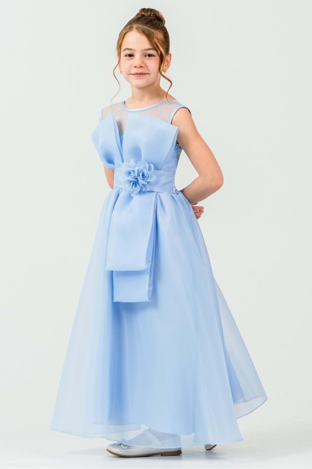 Kız Çocuk Organze Tül Çiçek ve Fiyonk Detaylı Gipe Sırtlı Prenses Abiye Elbise M00800