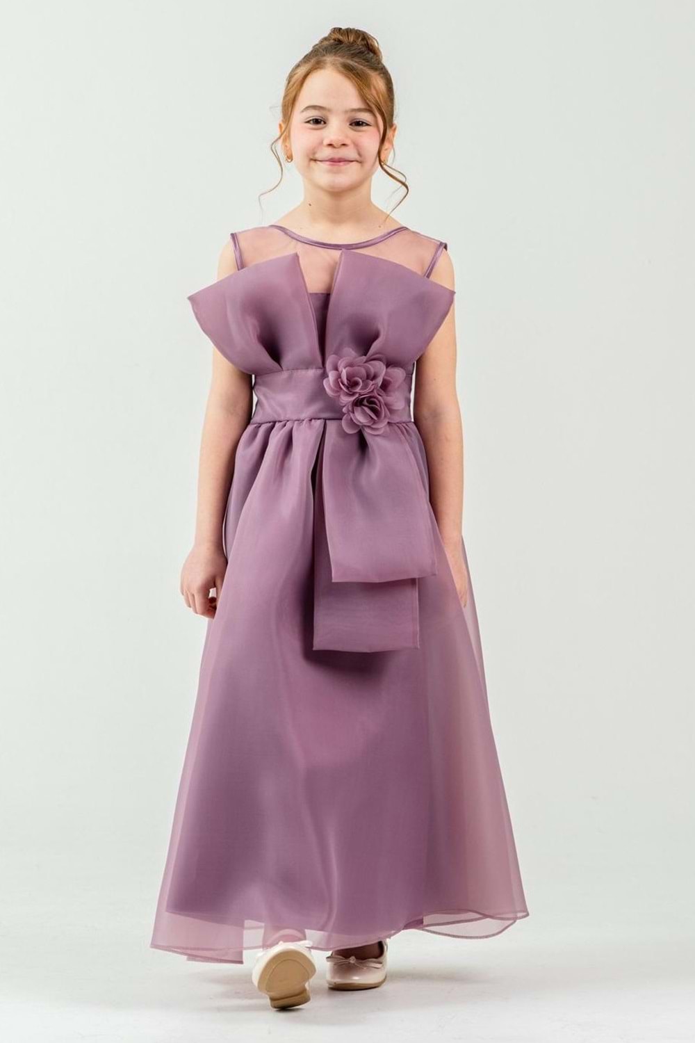 Kız Çocuk Organze Tül Çiçek ve Fiyonk Detaylı Gipe Sırtlı Prenses Abiye Elbise M00800