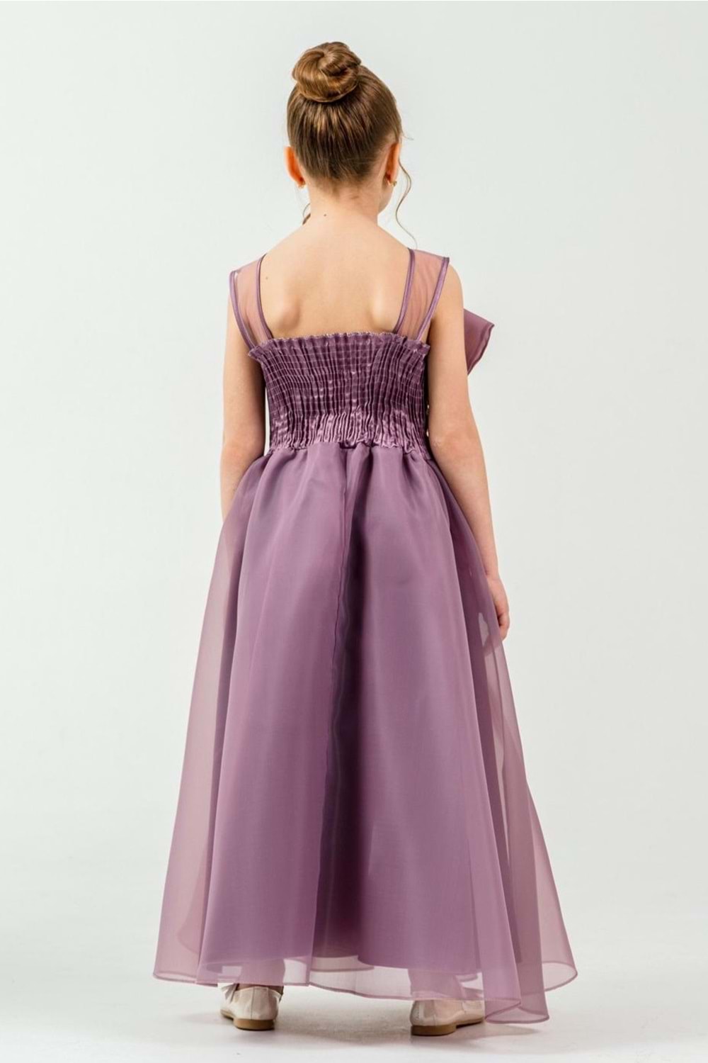 Kız Çocuk Organze Tül Çiçek ve Fiyonk Detaylı Gipe Sırtlı Prenses Abiye Elbise M00800