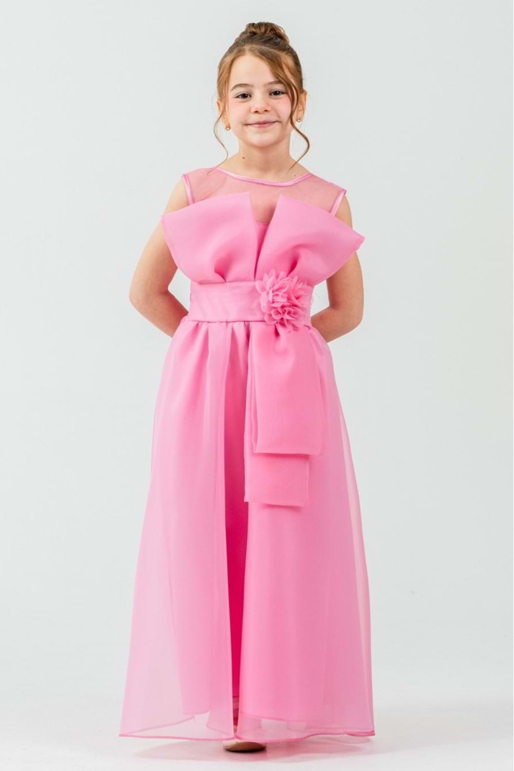 Kız Çocuk Organze Tül Çiçek ve Fiyonk Detaylı Gipe Sırtlı Prenses Abiye Elbise M00800