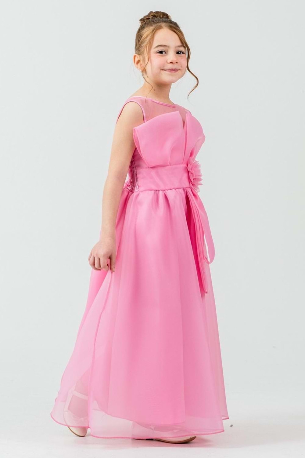 Kız Çocuk Organze Tül Çiçek ve Fiyonk Detaylı Gipe Sırtlı Prenses Abiye Elbise M00800