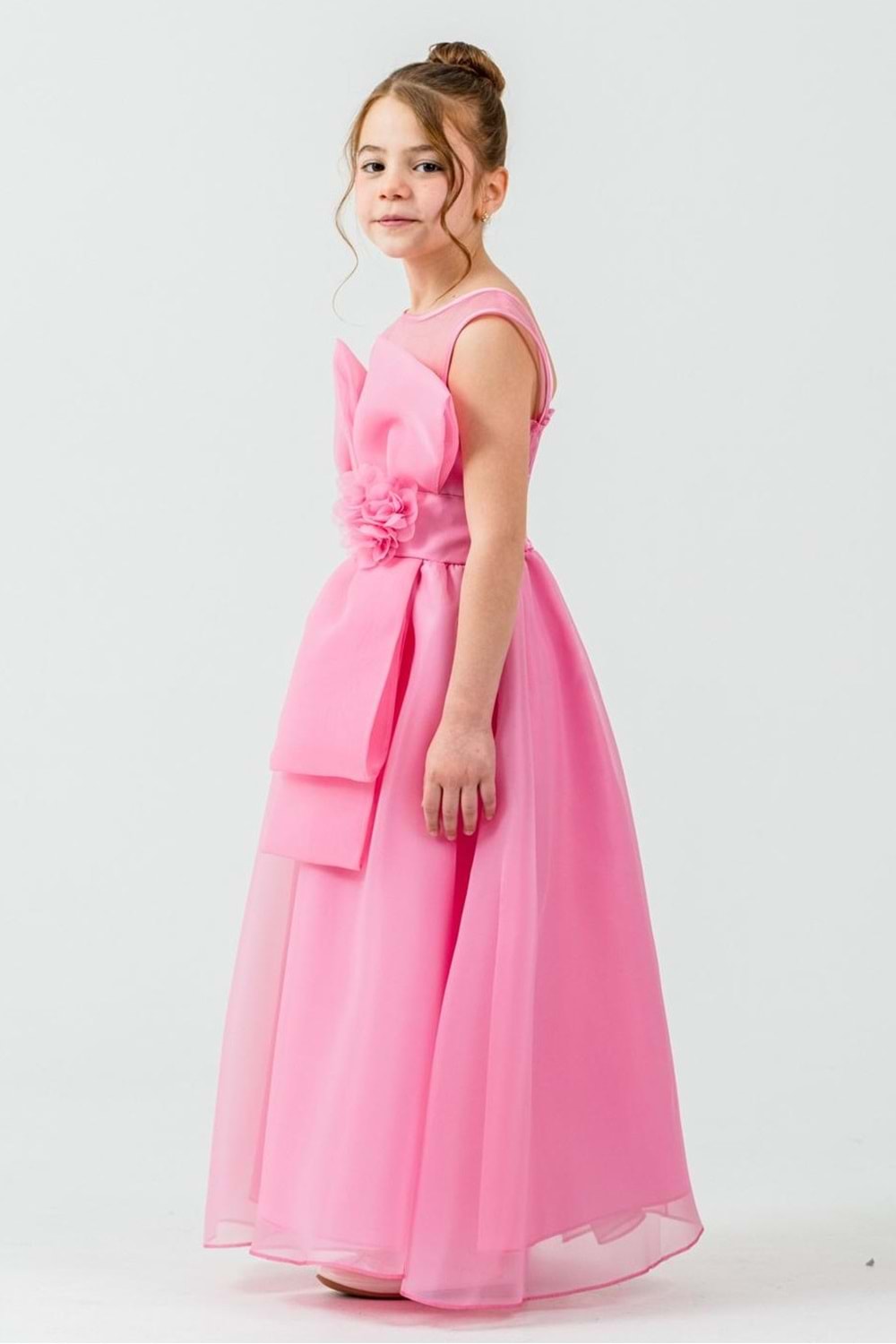 Kız Çocuk Organze Tül Çiçek ve Fiyonk Detaylı Gipe Sırtlı Prenses Abiye Elbise M00800