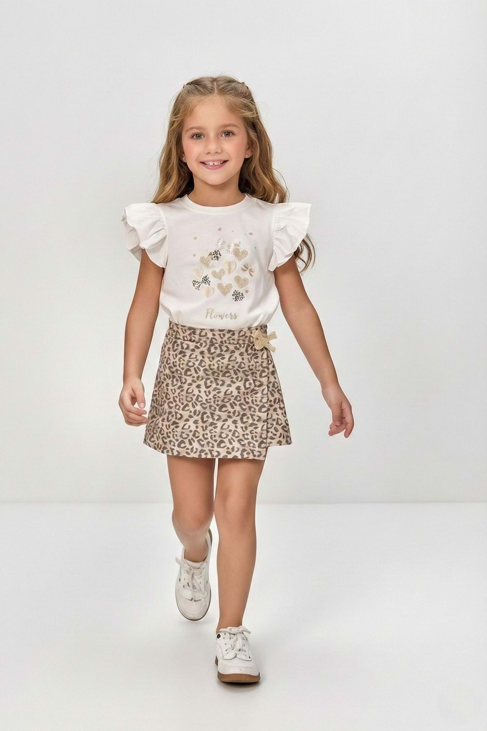 Kız Çocuk Leopar Şort Etek & Fırfırlı Tişört 2li Tarz Kombin M00801