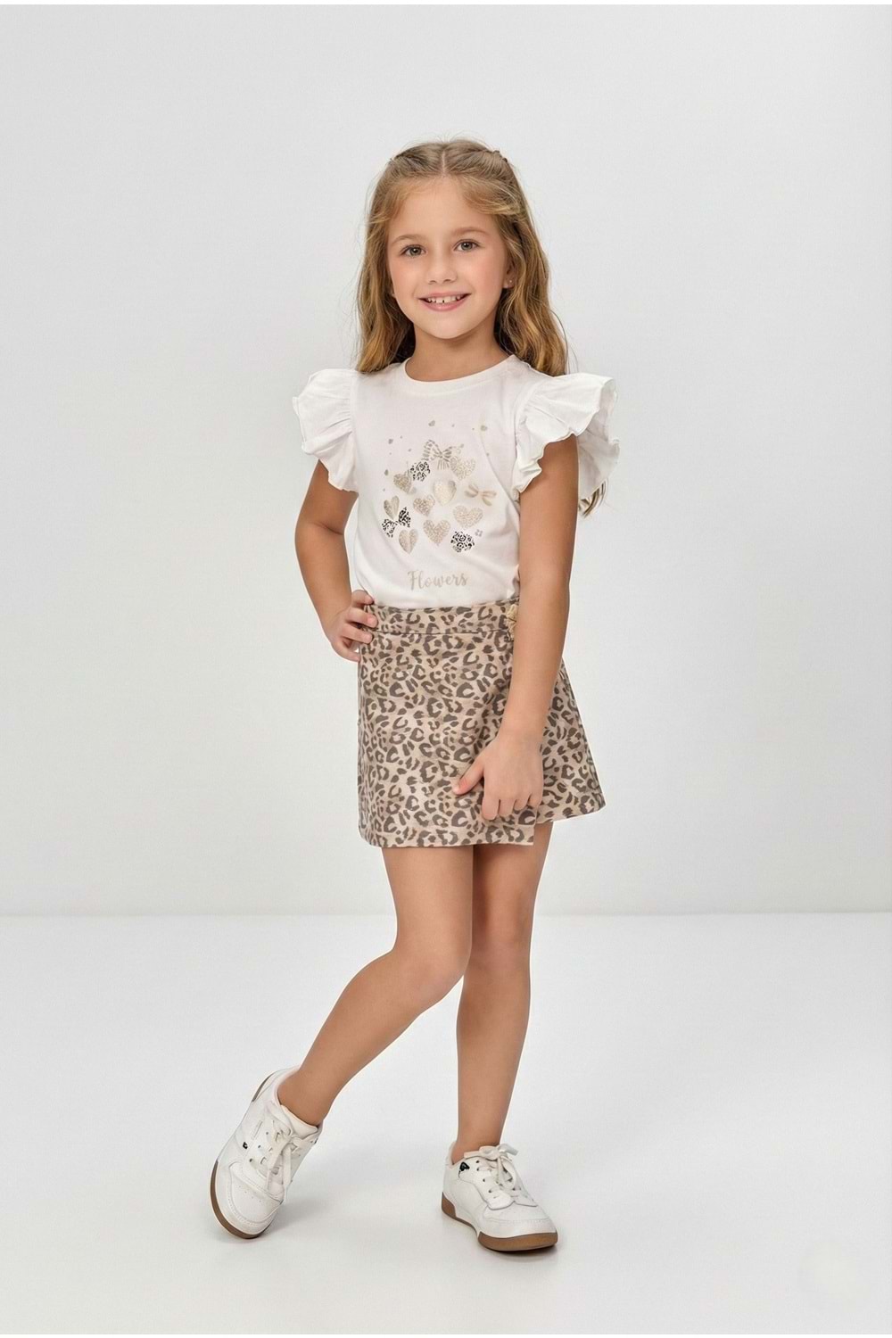 Kız Çocuk Leopar Şort Etek & Fırfırlı Tişört 2li Tarz Kombin M00801