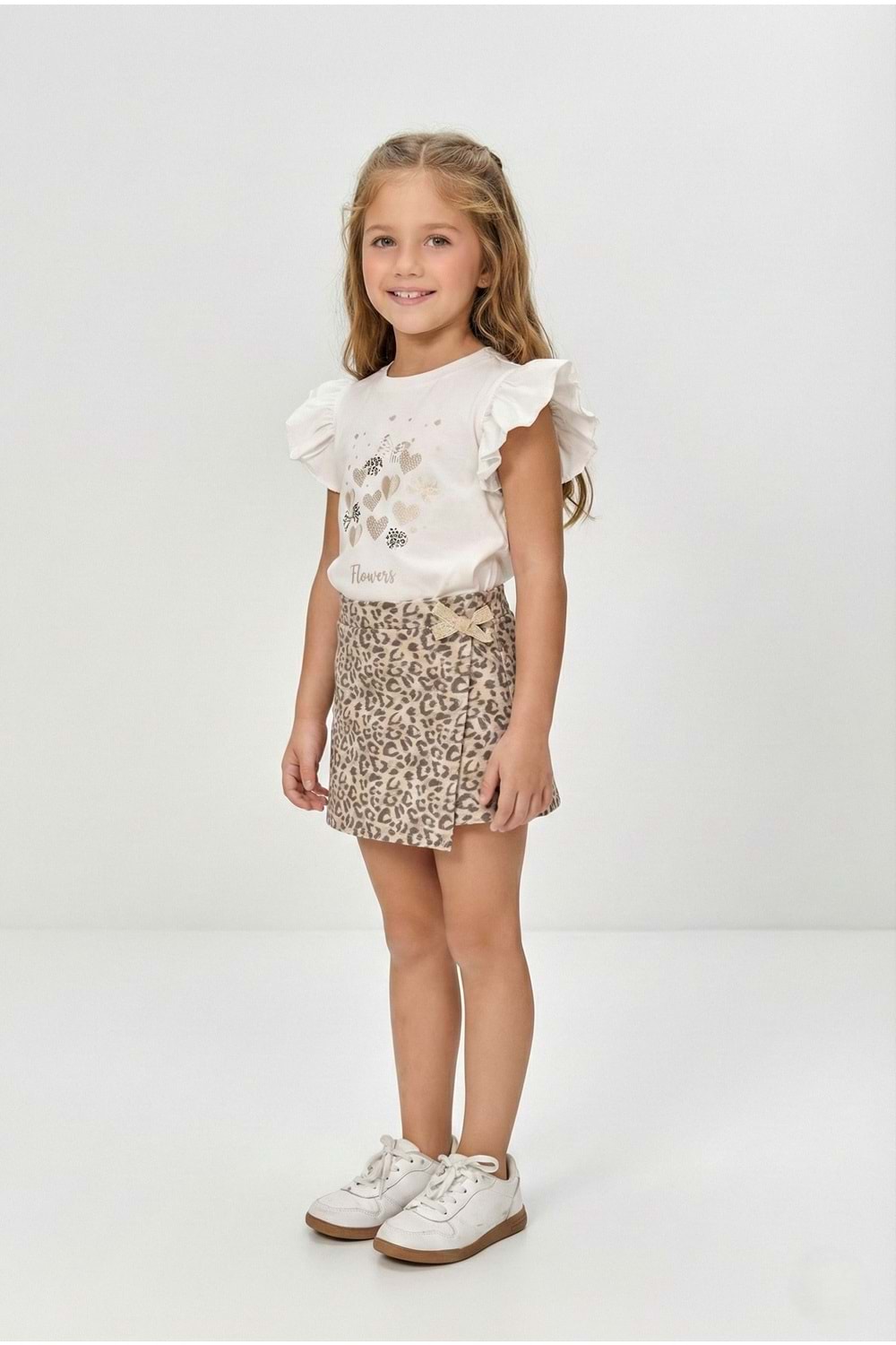 Kız Çocuk Leopar Şort Etek & Fırfırlı Tişört 2li Tarz Kombin M00801