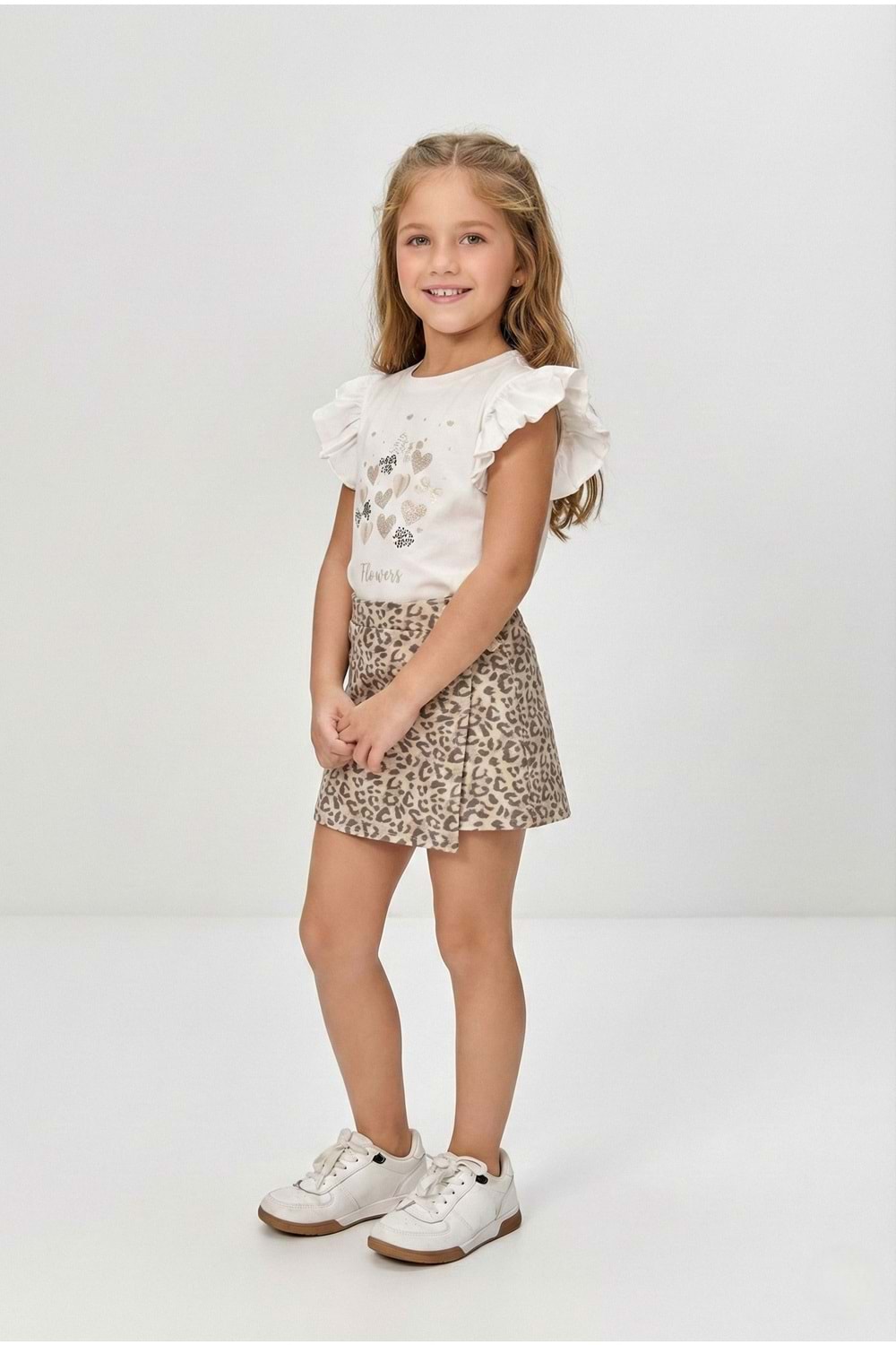 Kız Çocuk Leopar Şort Etek & Fırfırlı Tişört 2li Tarz Kombin M00801