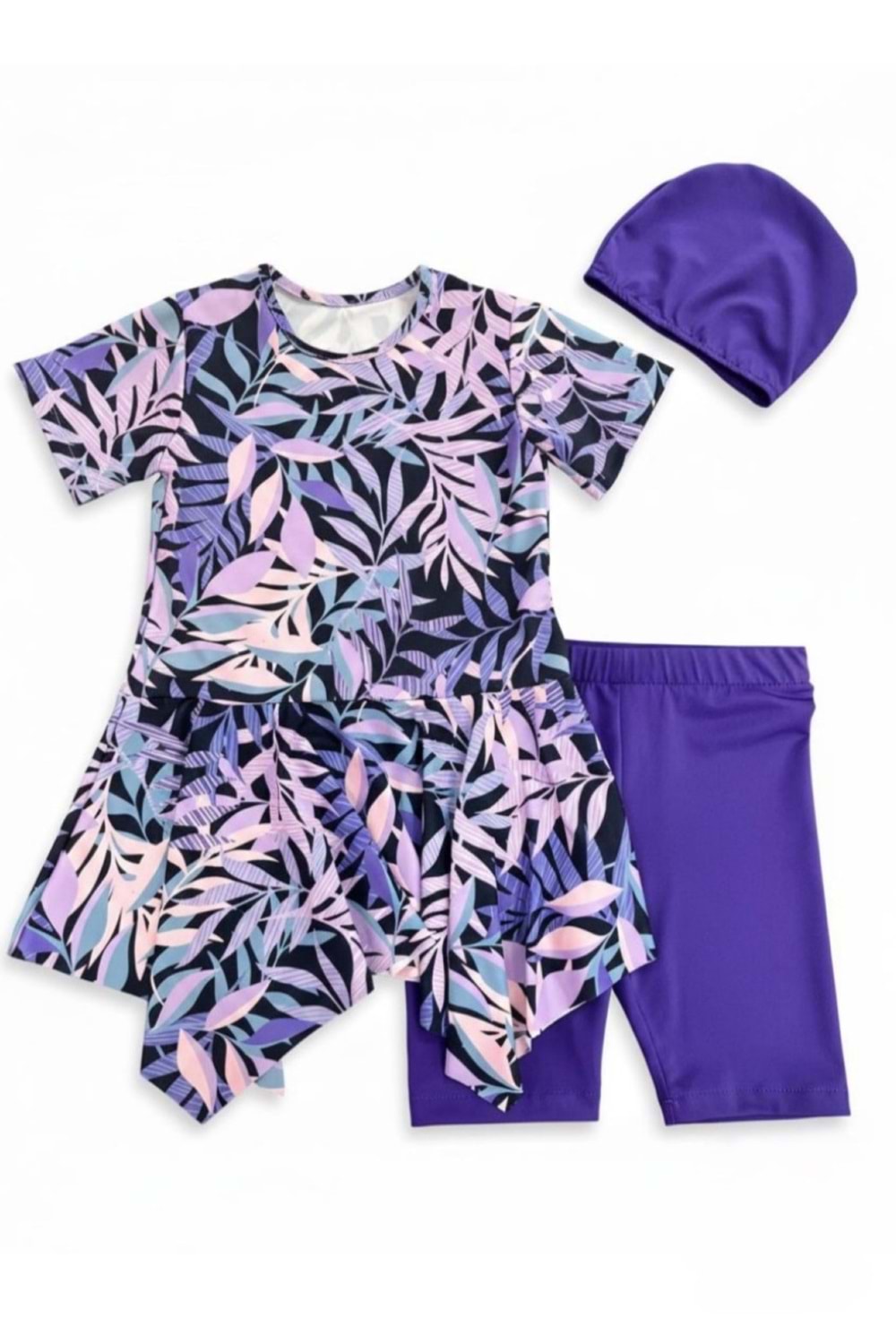 Kız Çocuk Desenli Mayo Takımı - Bone ve Şort Dahil Üçlü Deniz ve Havuz Mayosu M00814