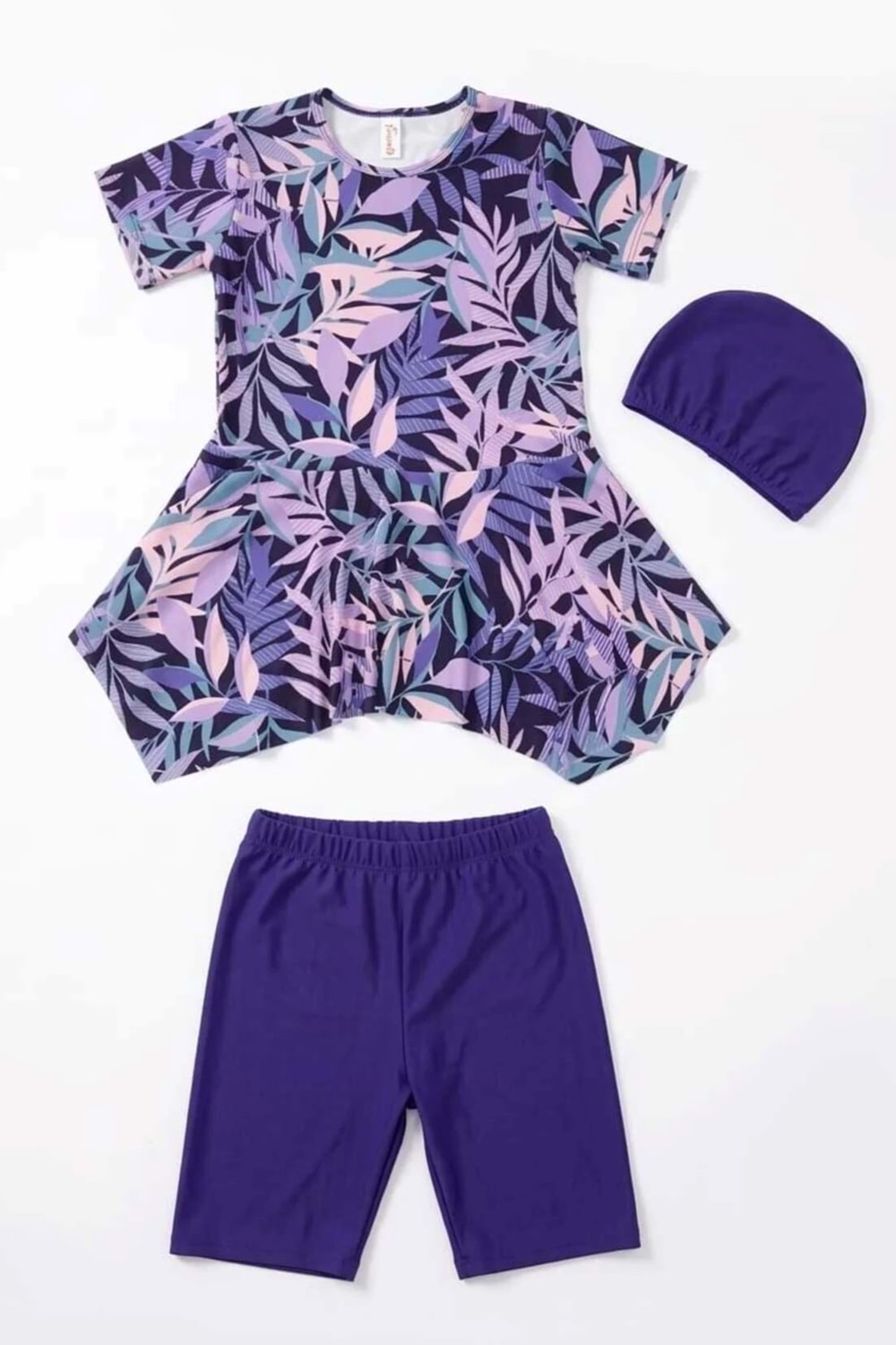 Kız Çocuk Desenli Mayo Takımı - Bone ve Şort Dahil Üçlü Deniz ve Havuz Mayosu M00814