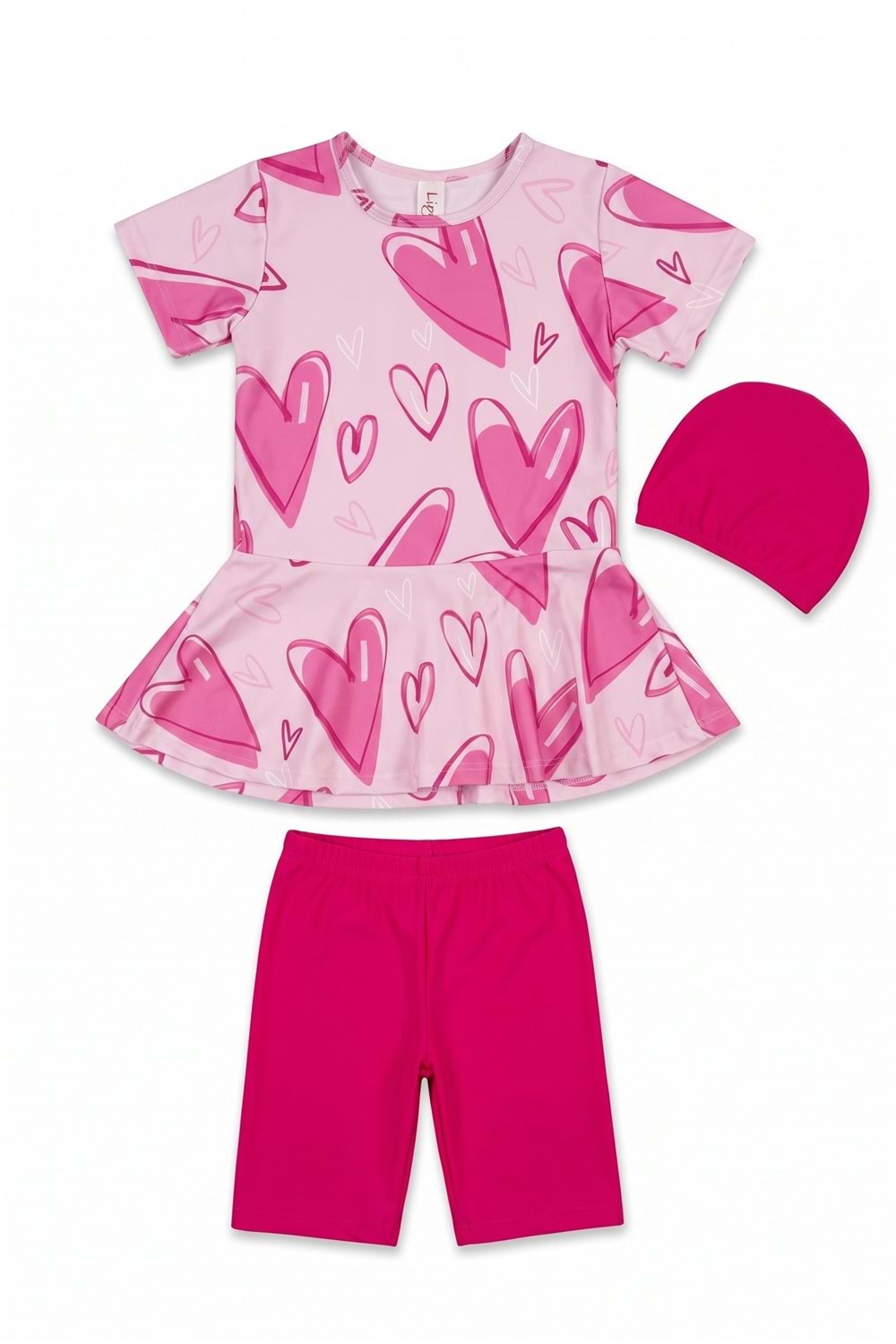 Kız Çocuk Desenli Mayo Takımı - Bone ve Şort Dahil Üçlü Deniz ve Havuz Mayosu M00814