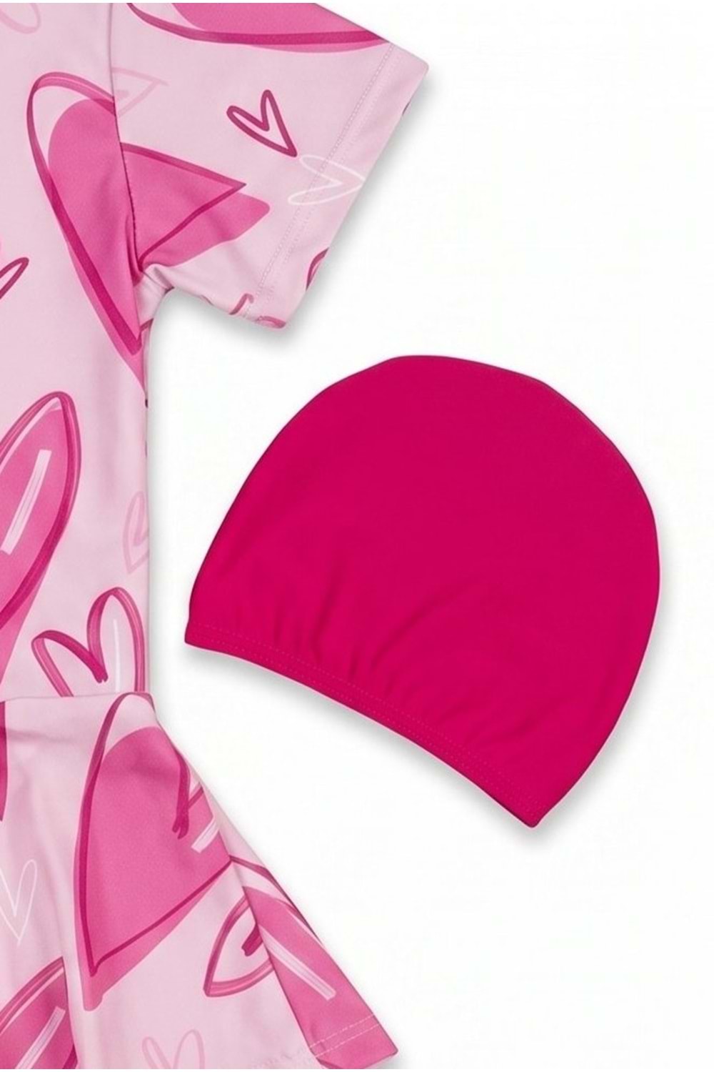 Kız Çocuk Desenli Mayo Takımı - Bone ve Şort Dahil Üçlü Deniz ve Havuz Mayosu M00814