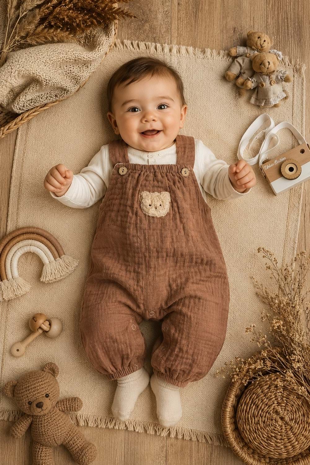 Ayıcık Detaylı %100 Pamuk Müslin Erkek Bebek Tulum M00847