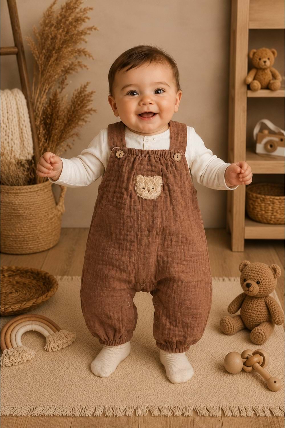 Ayıcık Detaylı %100 Pamuk Müslin Erkek Bebek Tulum M00847