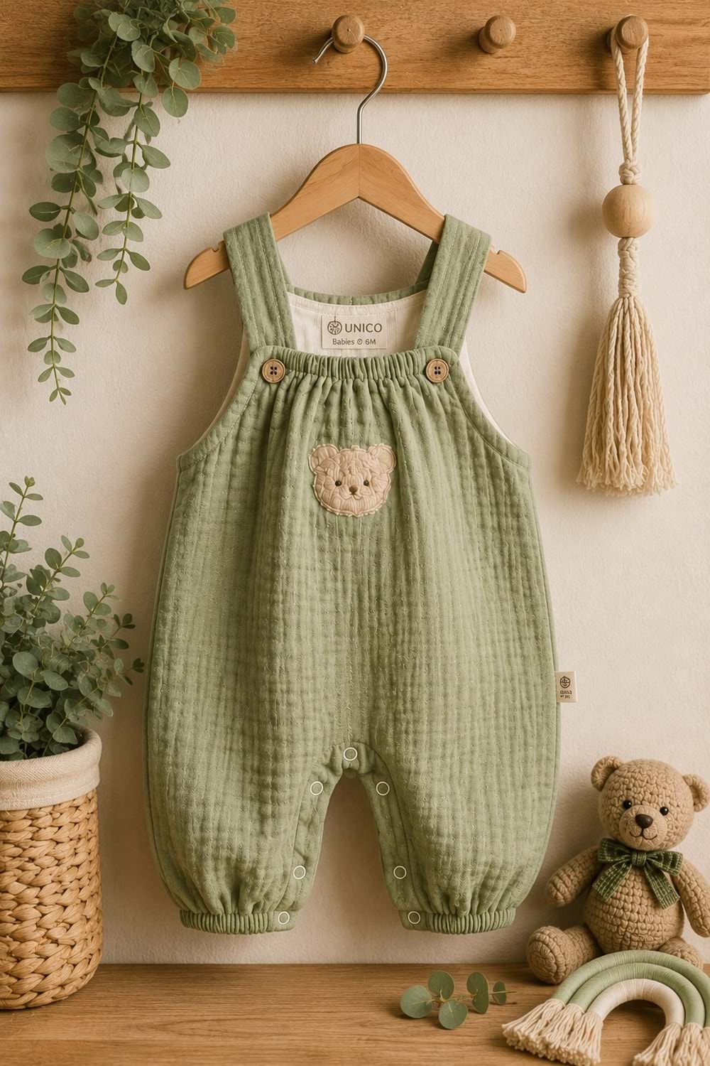 Ayıcık Detaylı %100 Pamuk Müslin Erkek Bebek Tulum M00847