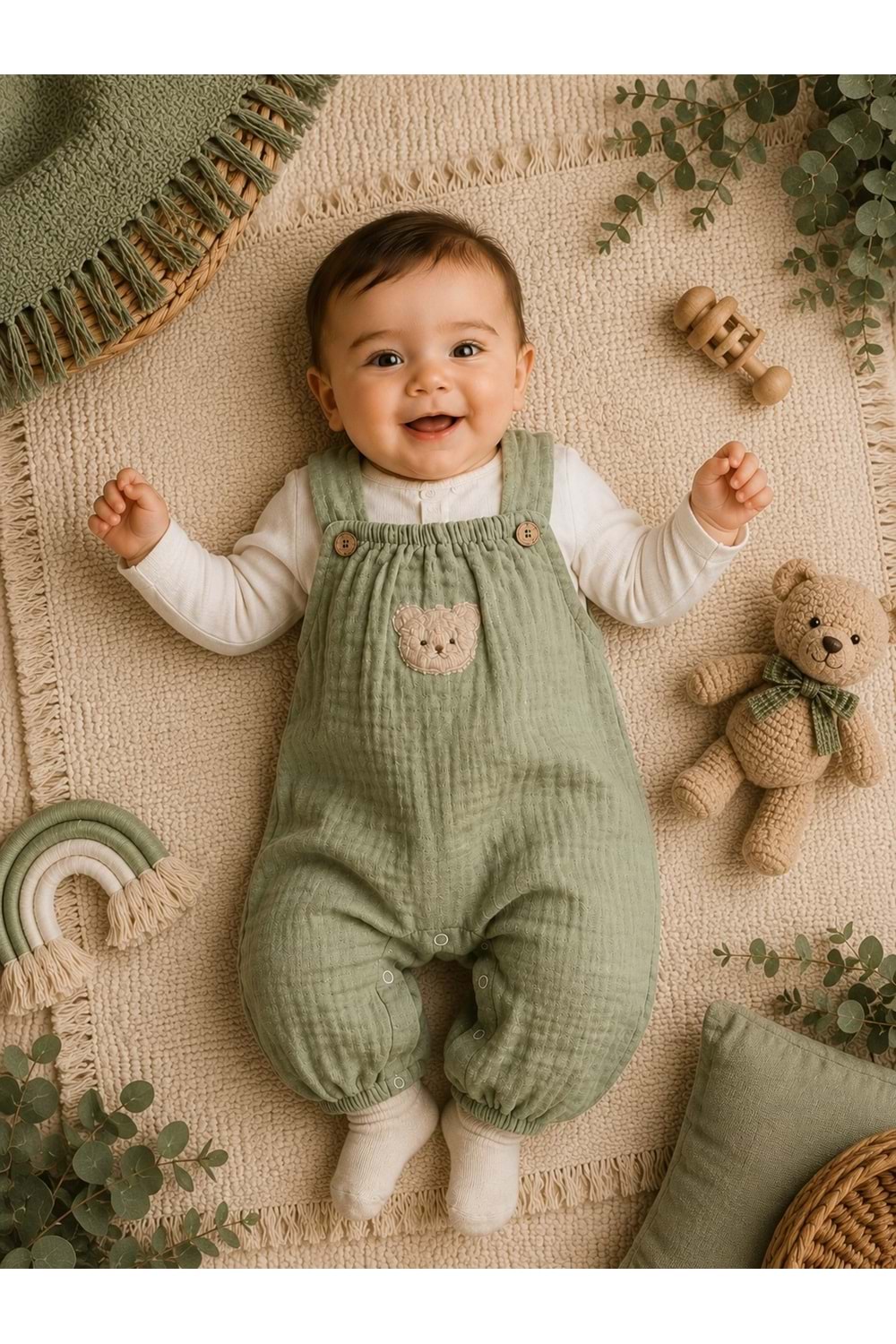 Ayıcık Detaylı %100 Pamuk Müslin Erkek Bebek Tulum M00847