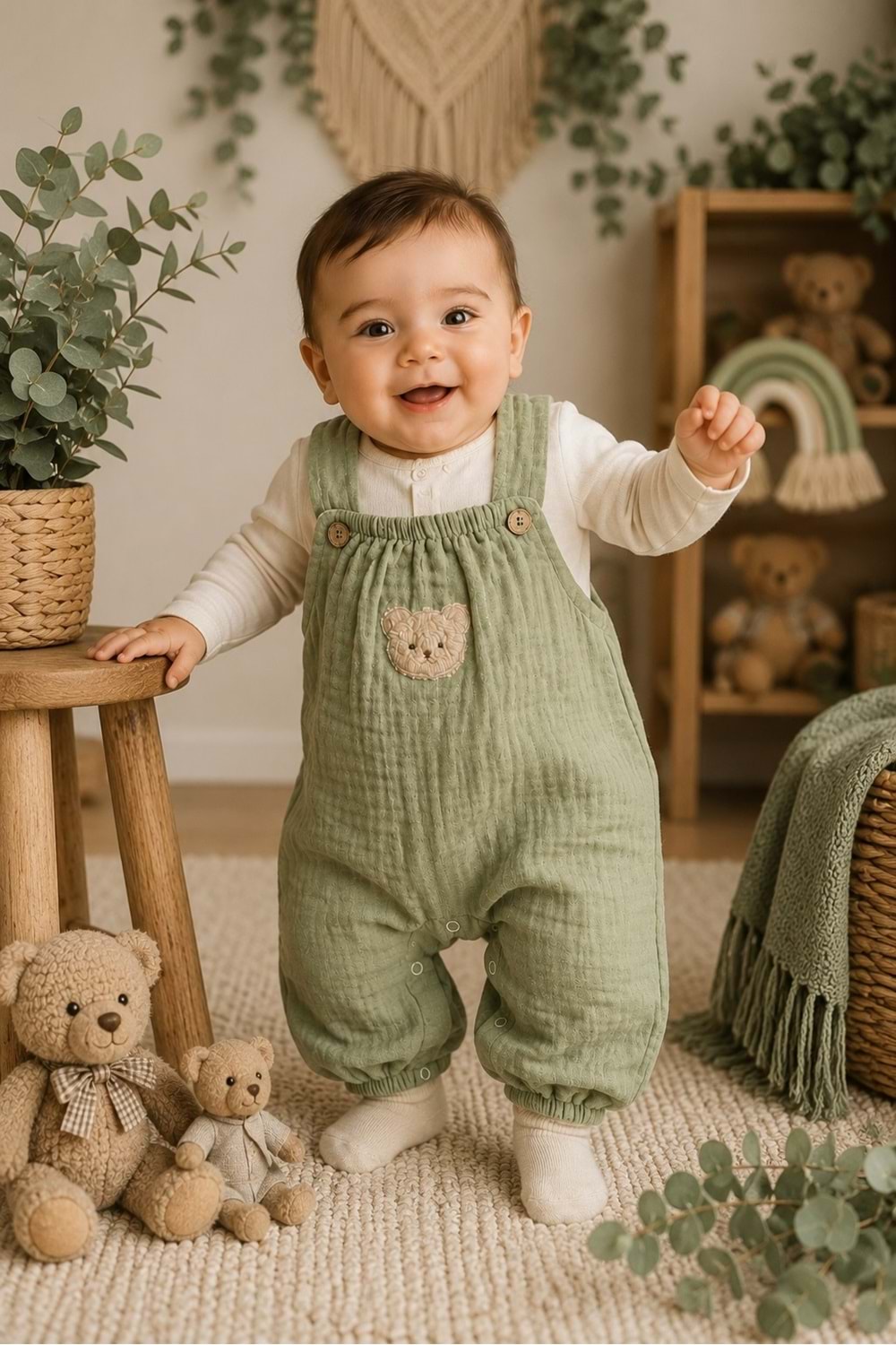 Ayıcık Detaylı %100 Pamuk Müslin Erkek Bebek Tulum M00847
