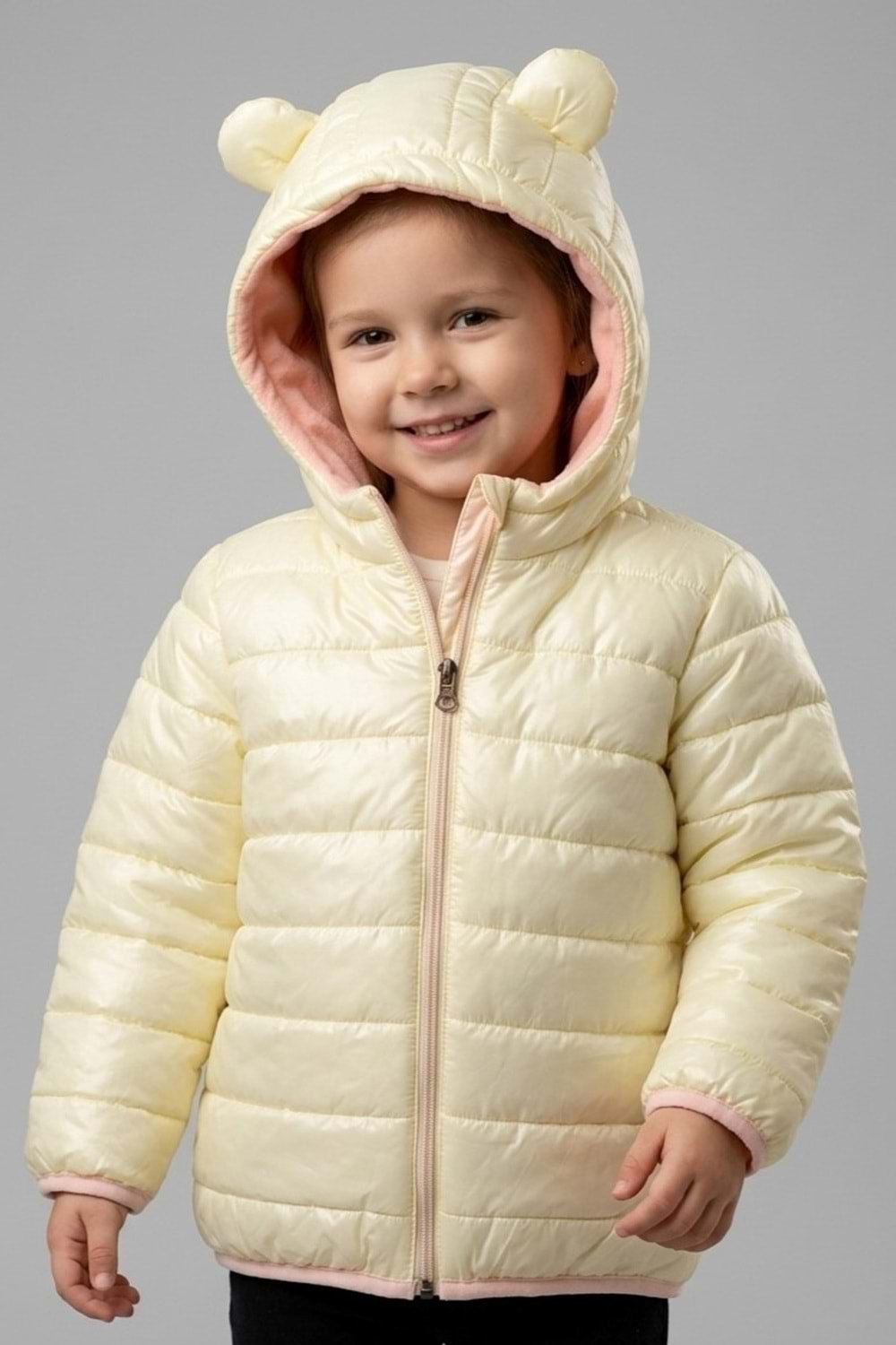 Kız Çocuk Kapüşonlu İçi Polarlı Fermuarlı Şişme Mont M00859