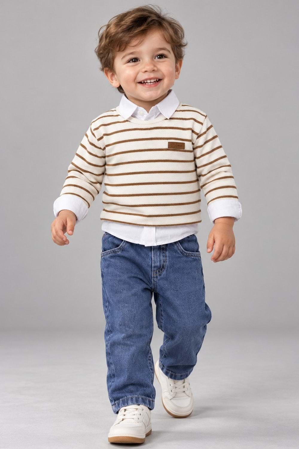 Erkek Çocuk Çizgili Süeterli, Gömlekli, Jeans Pantolonlu 3 Parça Takım M00870