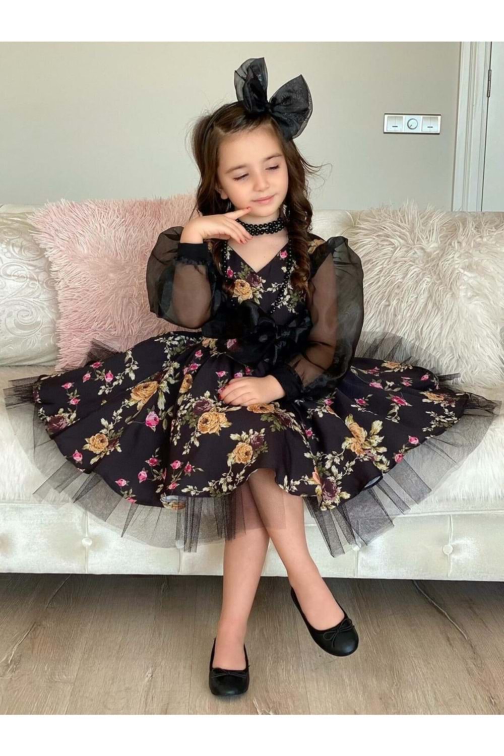 Kız Çocuk Organze Kol Tütülü Elbise MNK0187