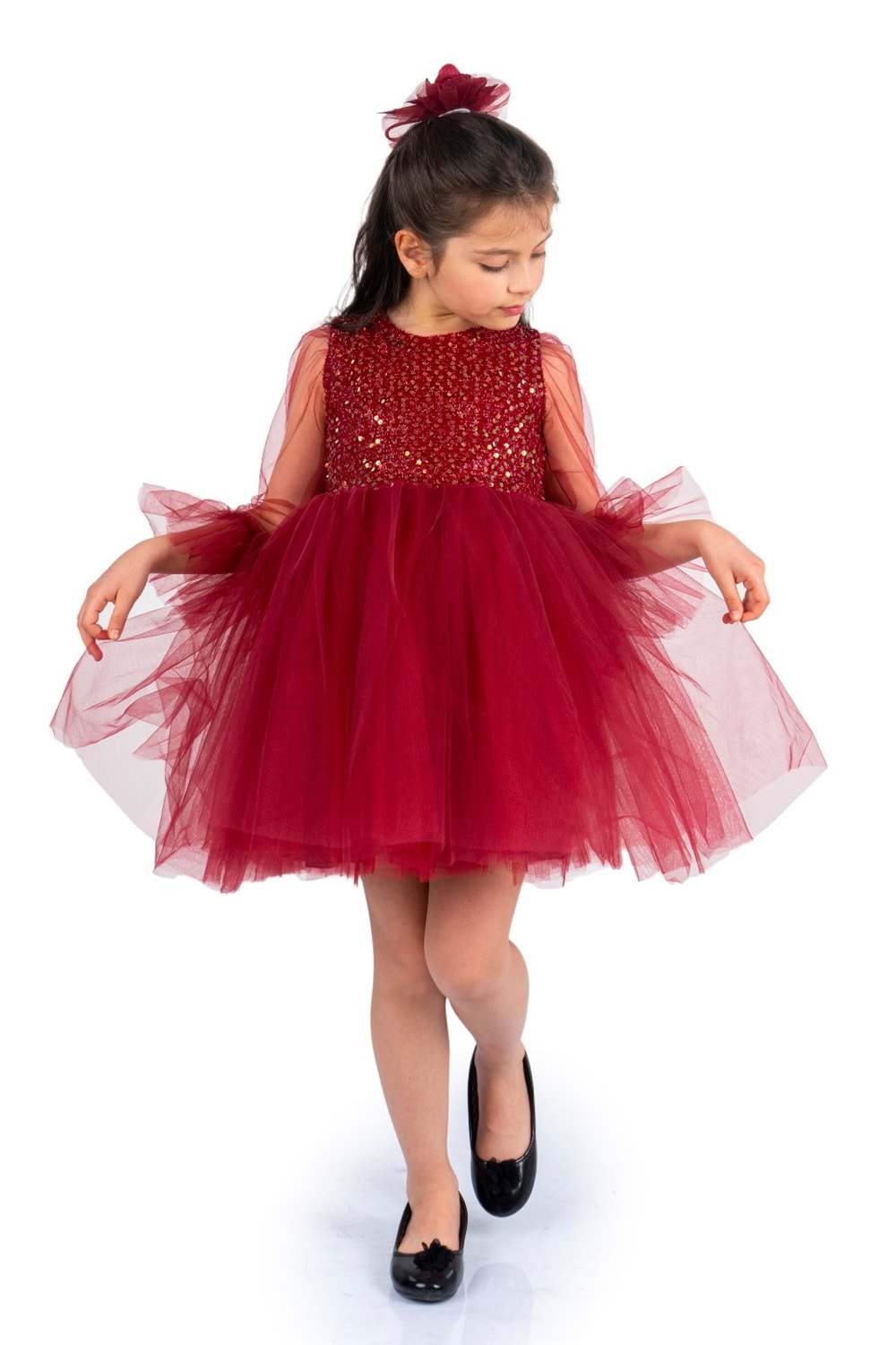 Pul Payet Tüllü Kız Çocuk Elbise