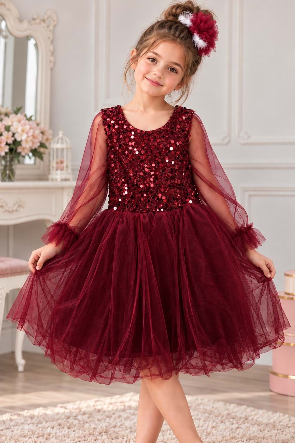 Pul Payet Tüllü Kız Çocuk Elbise MNK0285