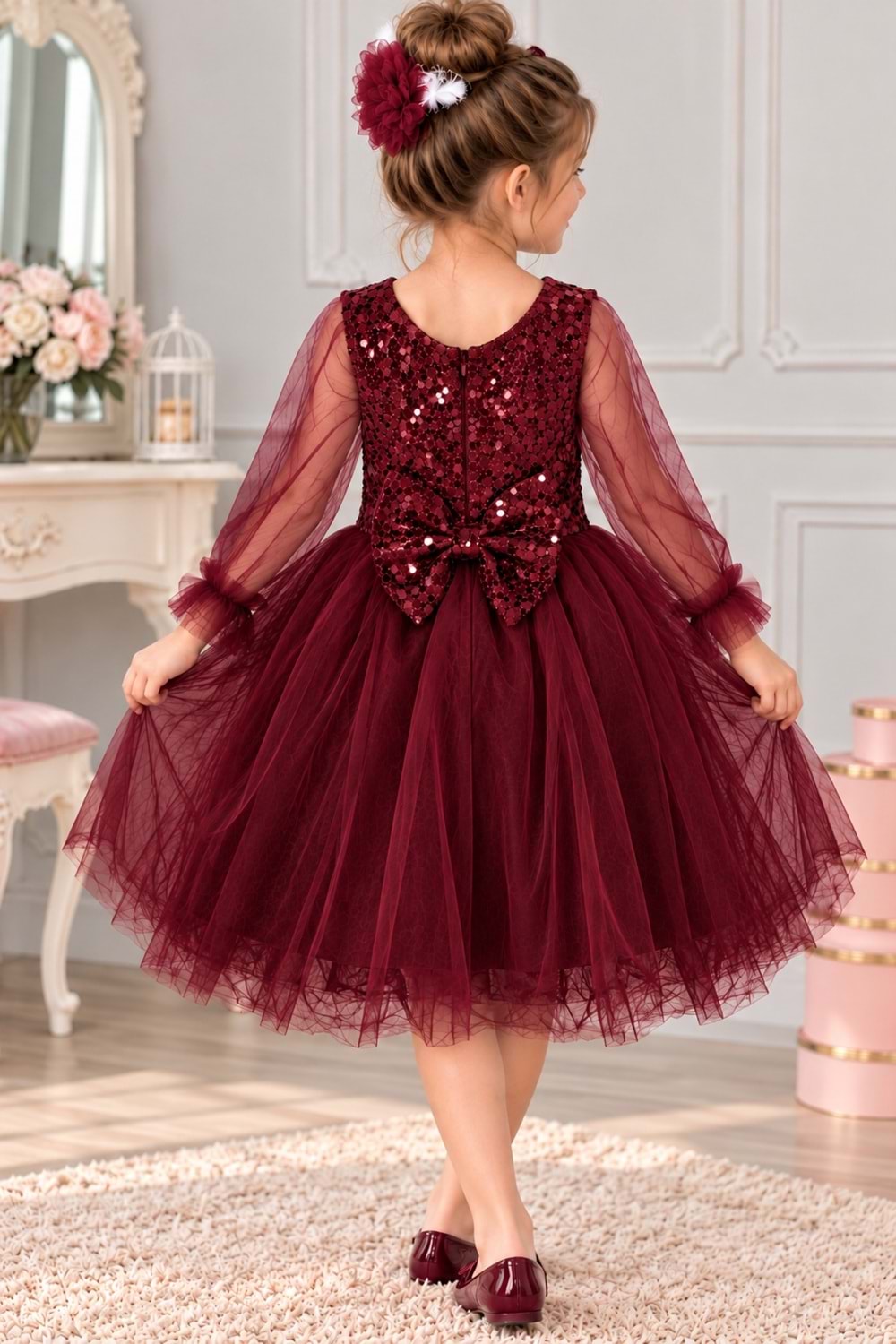 Pul Payet Tüllü Kız Çocuk Elbise MNK0285