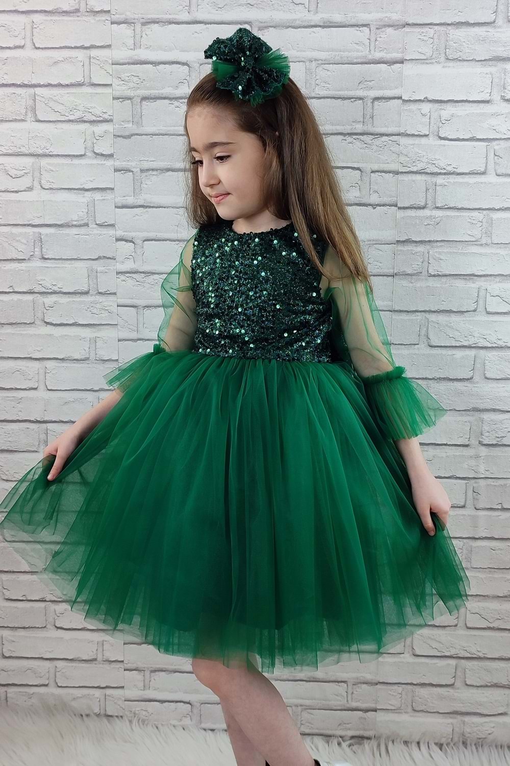 Pul Payet Tüllü Kız Çocuk Elbise