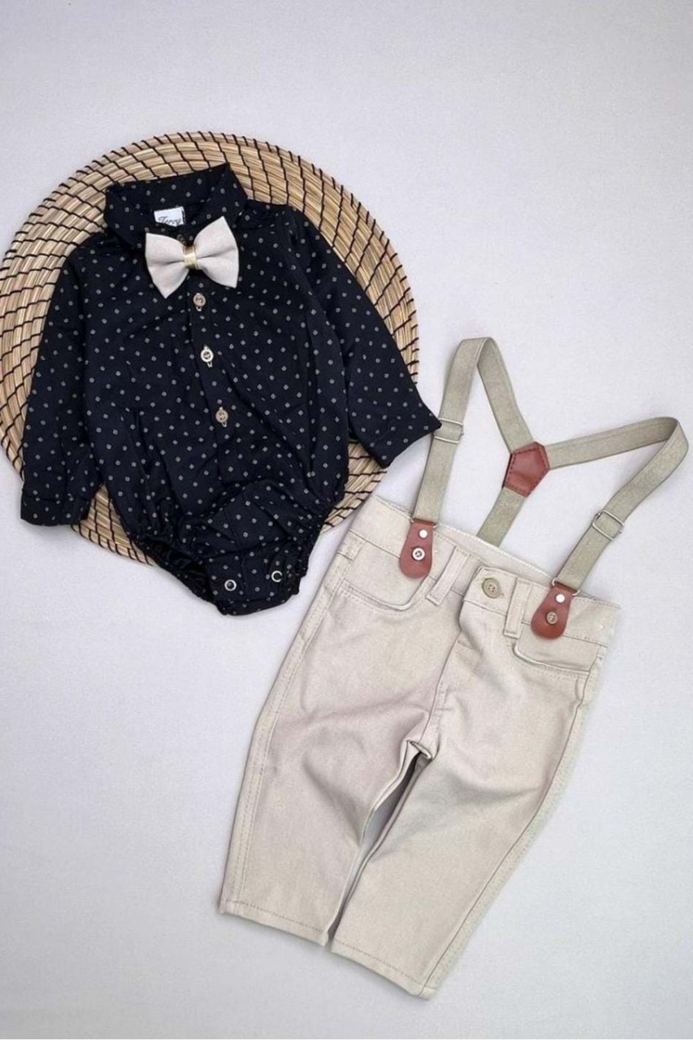 Gömlekli Alttan Çıtçıtlı Gabardin Pantolonlu Pamuklu Bebek Takım