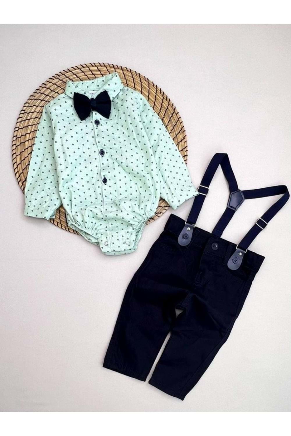 Gömlekli Alttan Çıtçıtlı Gabardin Pantolonlu Pamuklu Bebek Takım