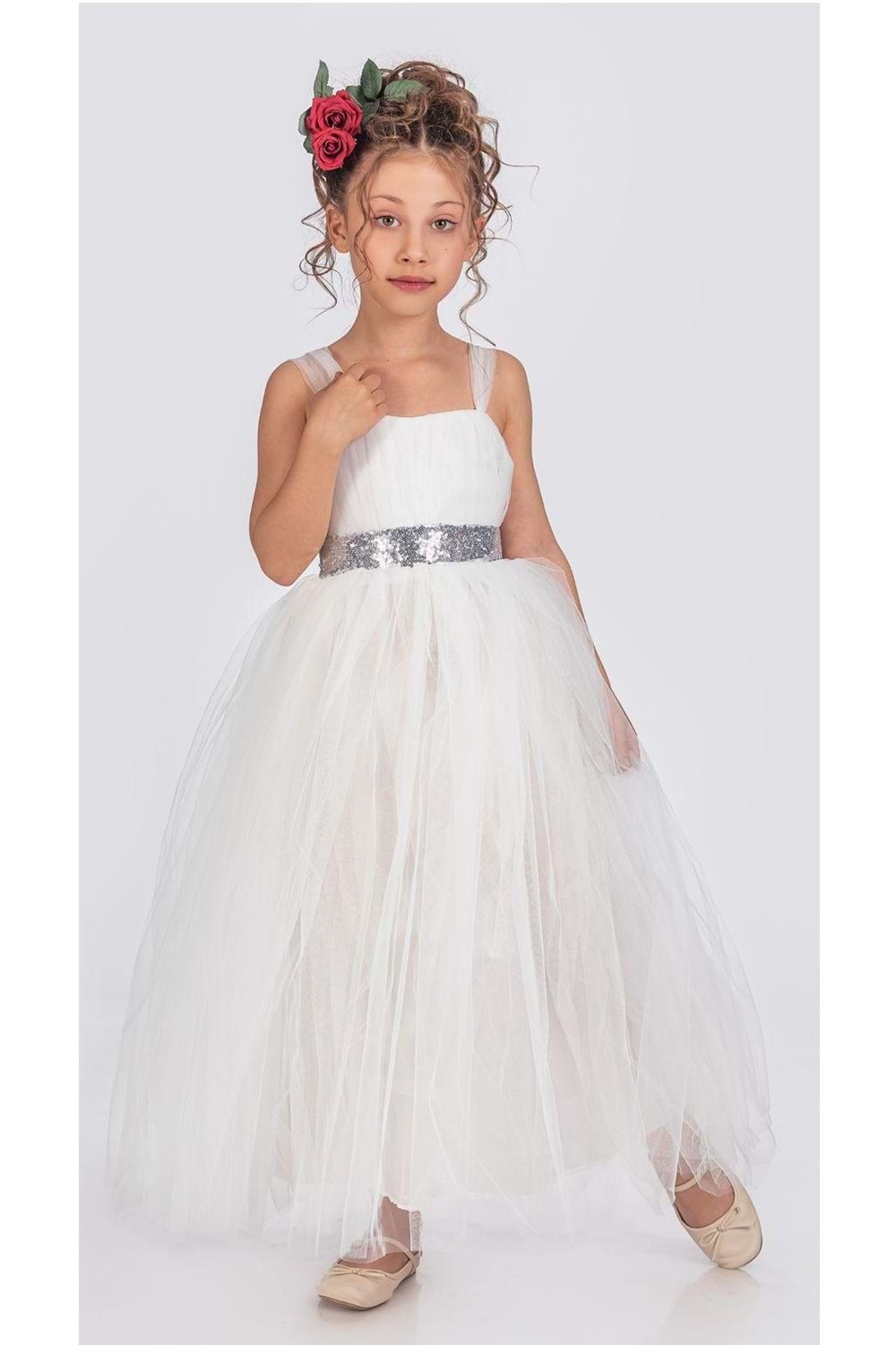 Sırt Gipeli Tütü Etek Kız Çocuk Saten Parti Abiye Elbise MNK0340